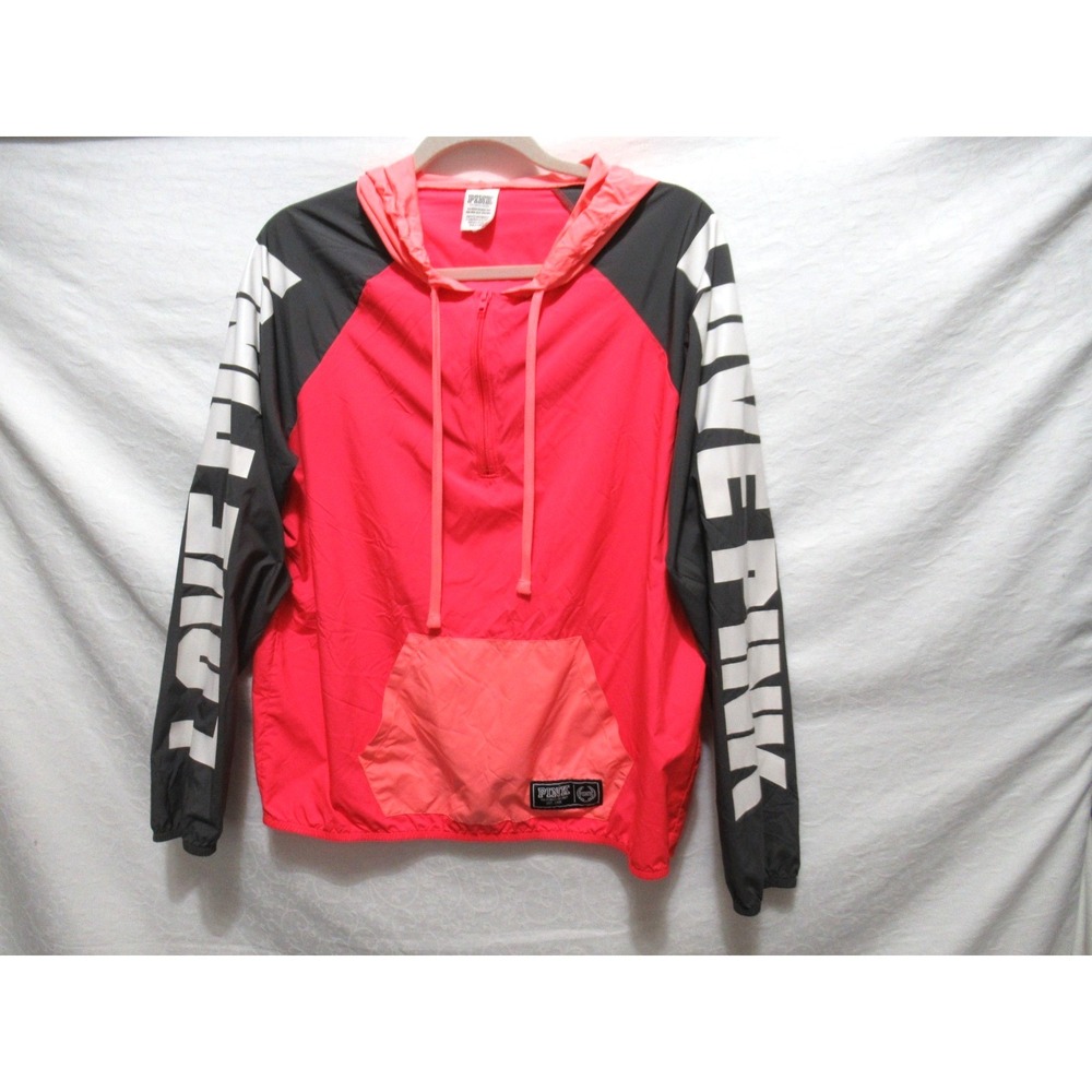 Pink by Victoria's Secret XS Coral Pink Gray 1/4 Zip Pullover Hooded Windbreaker